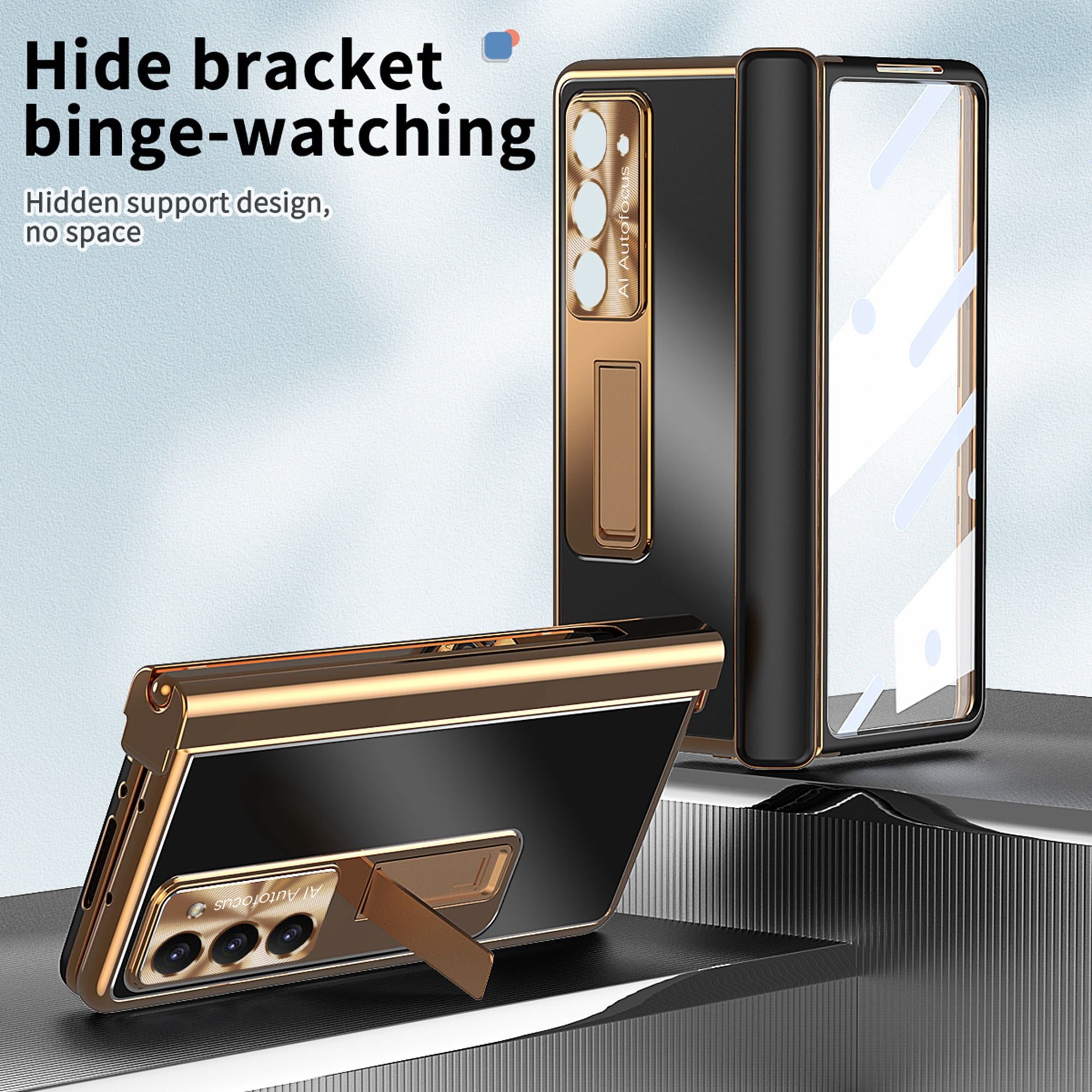 Case for Samsung Galaxy Z Fold 7, 3-in-1 Magnetic Hinge Protection & Lens Protection Case with Pen Holder with Screen Protector, Compatible with Samsung Galaxy Z Fold 7 5G, Black + Dark Gold