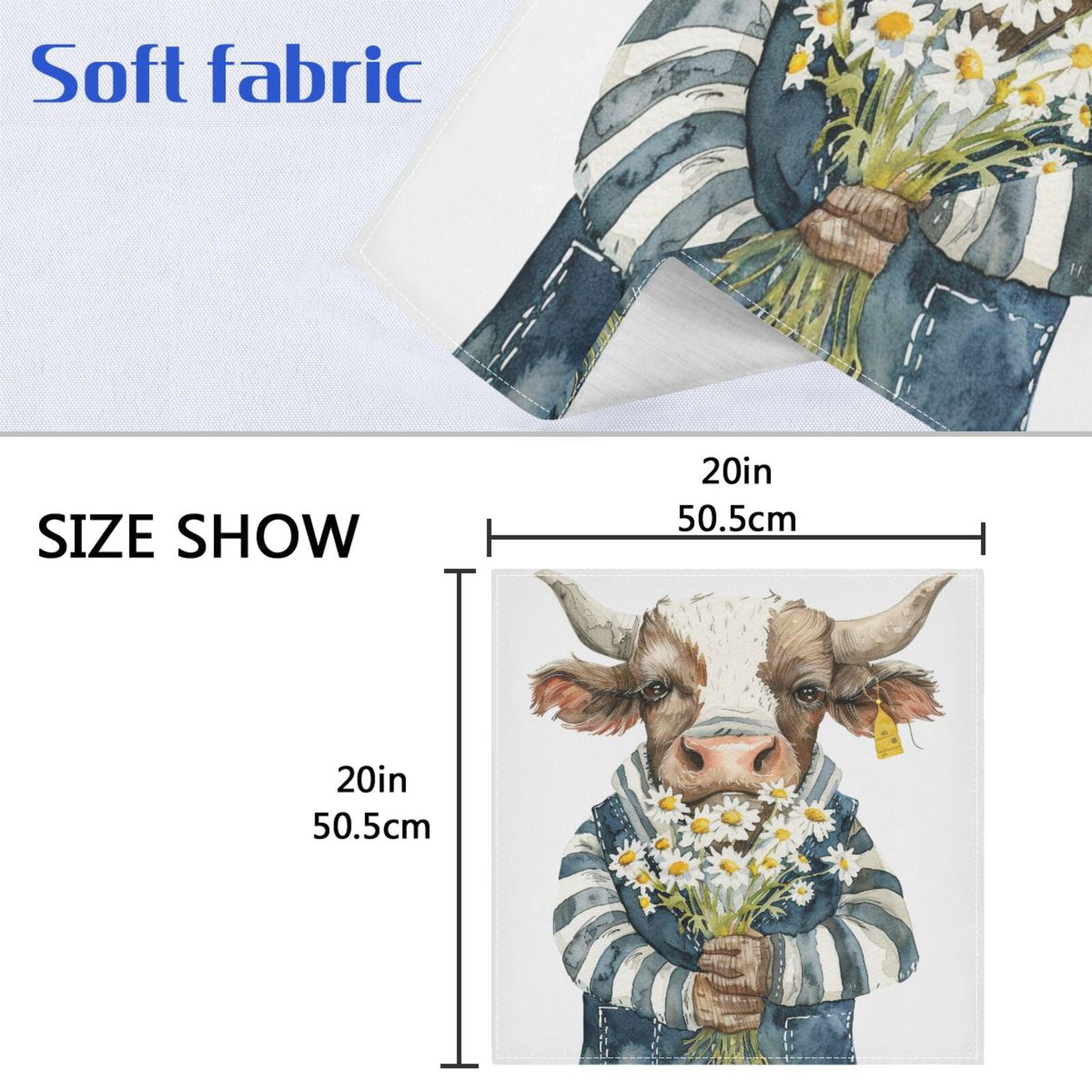JSTEL Fun Bull Daisy Flower Cloth Napkins Set of 6, 20x20 Inch Washable and Reusable Napkin for Decoupage Dinner Party Everyday Use