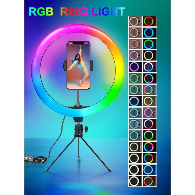 8" 10" 12" Selfie Ring Light With Stand And Phone Holder, More Color RGB Ring Light With Mini Tripod, Dimmable LED Ringlight For Phone Photography, Li