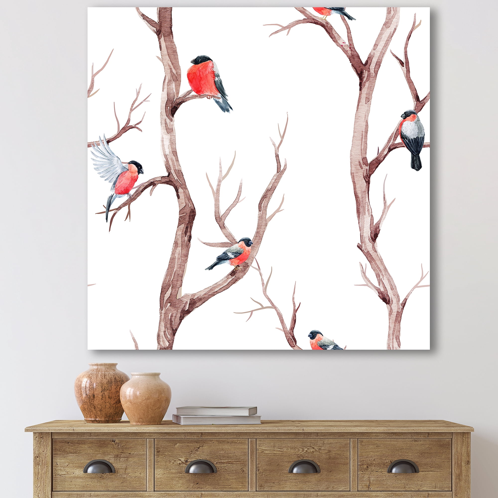 Little Birds Sitting On The Tree Branches III 30 in x 30 in Painting Canvas Art Print, by Designart