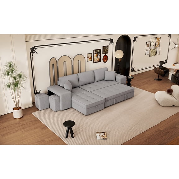 104.5" Pull Out Sleeper Sofa Reversible L-Shape 3 Seat Sectional Couch with Storage Chaise and 2 Stools for Living Room Furniture Set,Gray