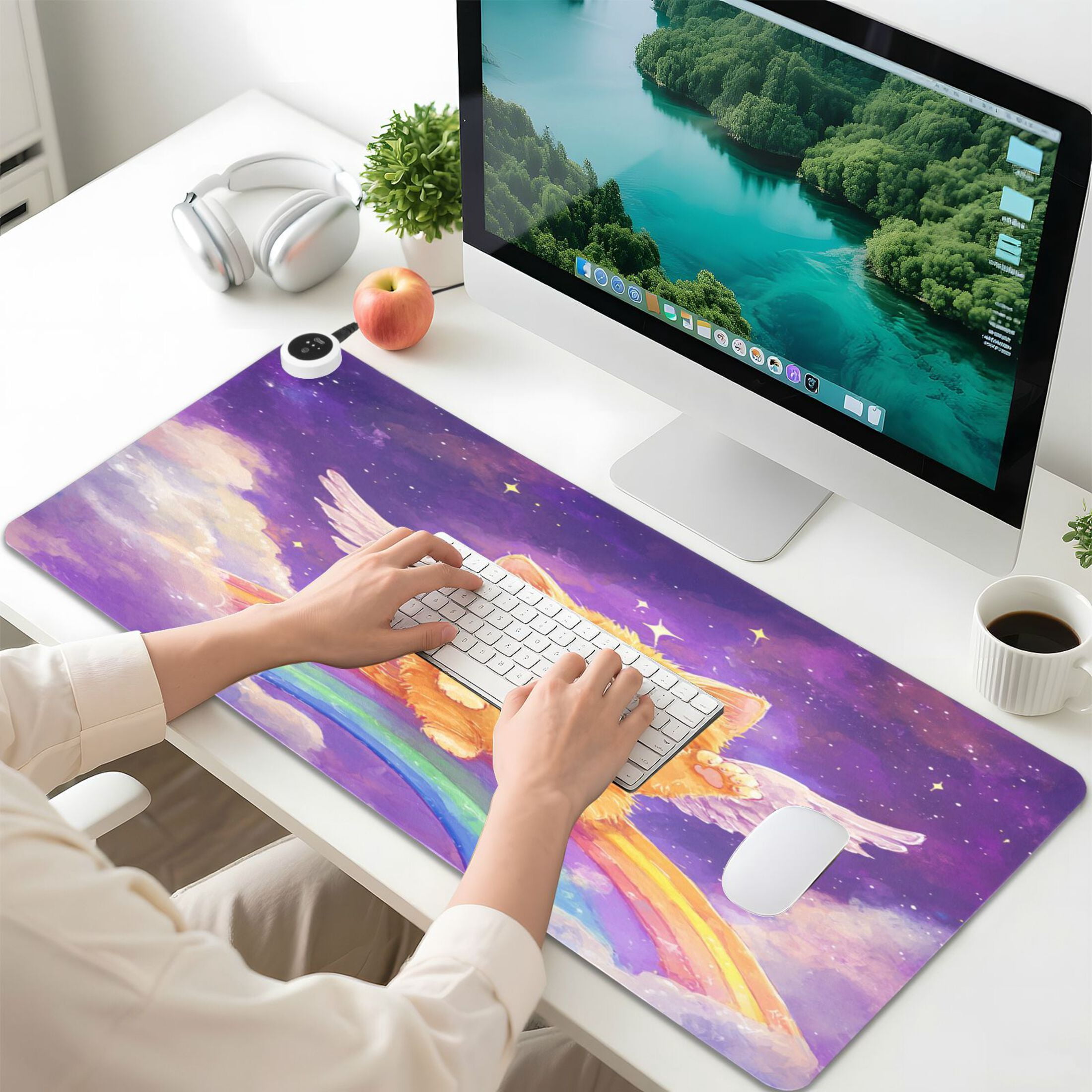 Wobogo Rainbow Angel Cat Heated Mouse Pad Extra-Large Desk Mat With 3 Heating Levels and 3-hour Auto Shut-Off Protection Ideal for Computer Keyboards Home Office Hand-warming Essential 31.5in × 13in