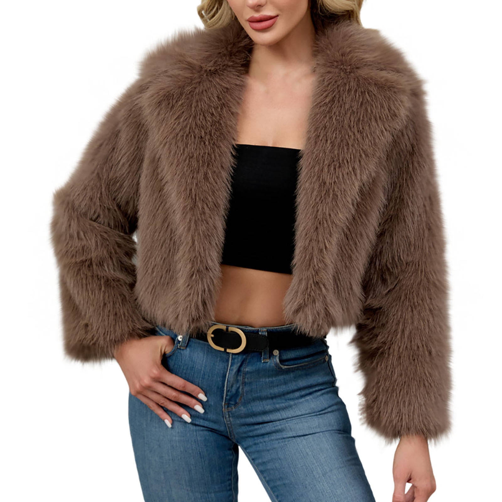 QATAINLAV Faux Fur Coats for Women Open Front Long Sleeve Lapel Fluffy Jacket Warm Shaggy Winter Outerwear, Brown, S