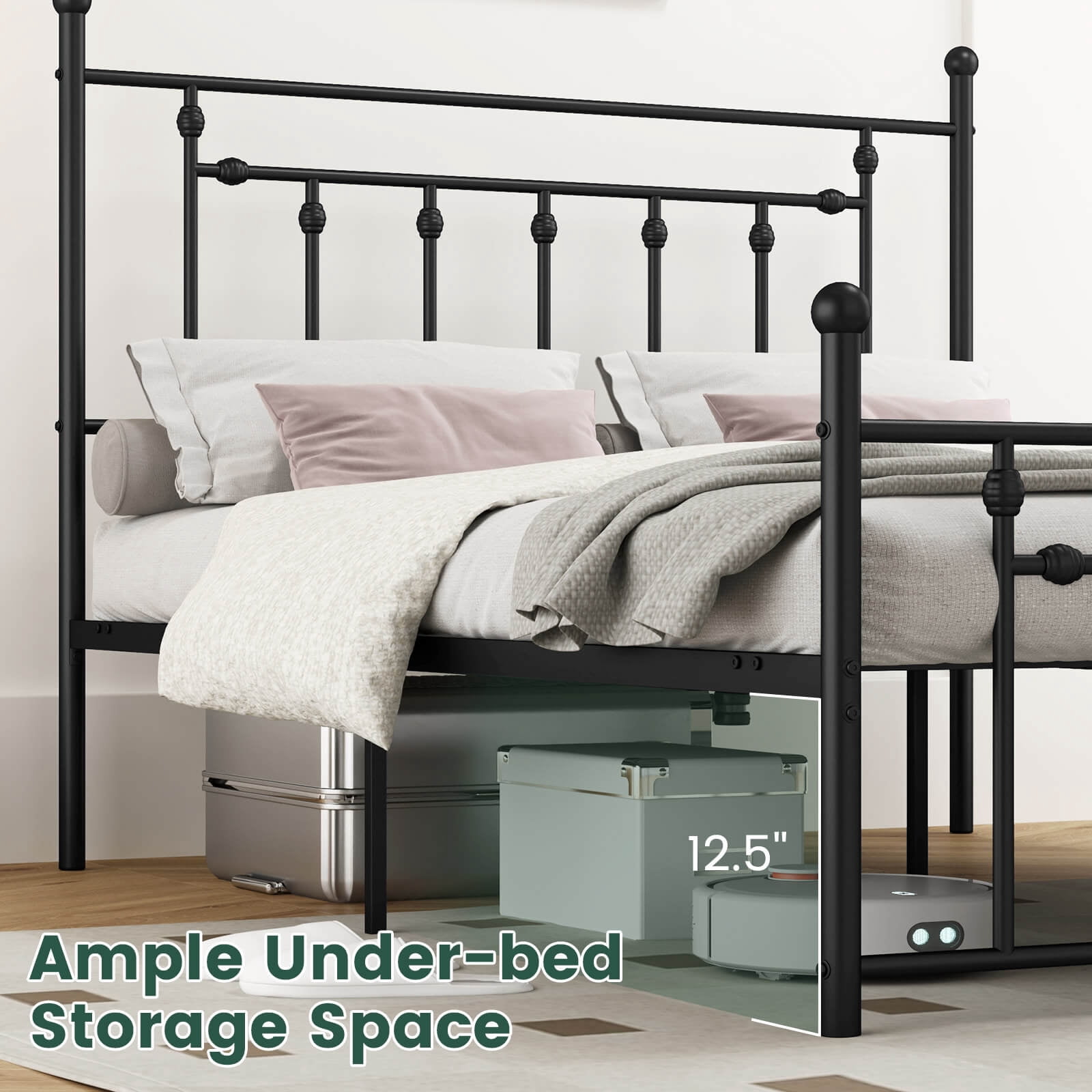 Infans Queen Size Metal Bed Frame w/ Headboard Under-bed Storage Mattress Foundation
