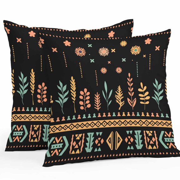Orange Teal Botanical Outdoor Pillow Covers, Waterproof Decorative Throw Pillowcases Set of 2, Boho Ethnic Geometric Black Couch Cushion Cases with Zipper for Outside Patio Garden Sofa 20"x20"