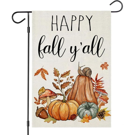Happy Fall Y''all Garden Flags for Outside, Maple Leaves Pumpkins Small Seasonal Decor for Harvest Autumn Thanksgiving Holiday Yard Outdoor 12x18 Inch Double Sided