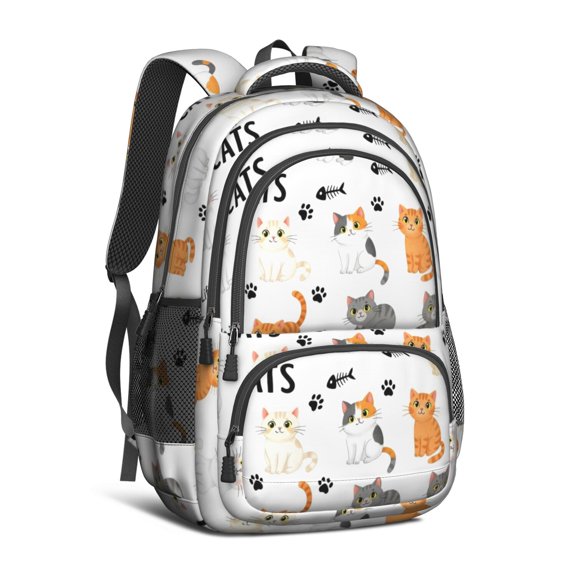 Cat White Pattern Backpack for School, Cute School Bag with Adjustable Shoulder Straps and Padded Back, 16.9"x12.6"x5.9"