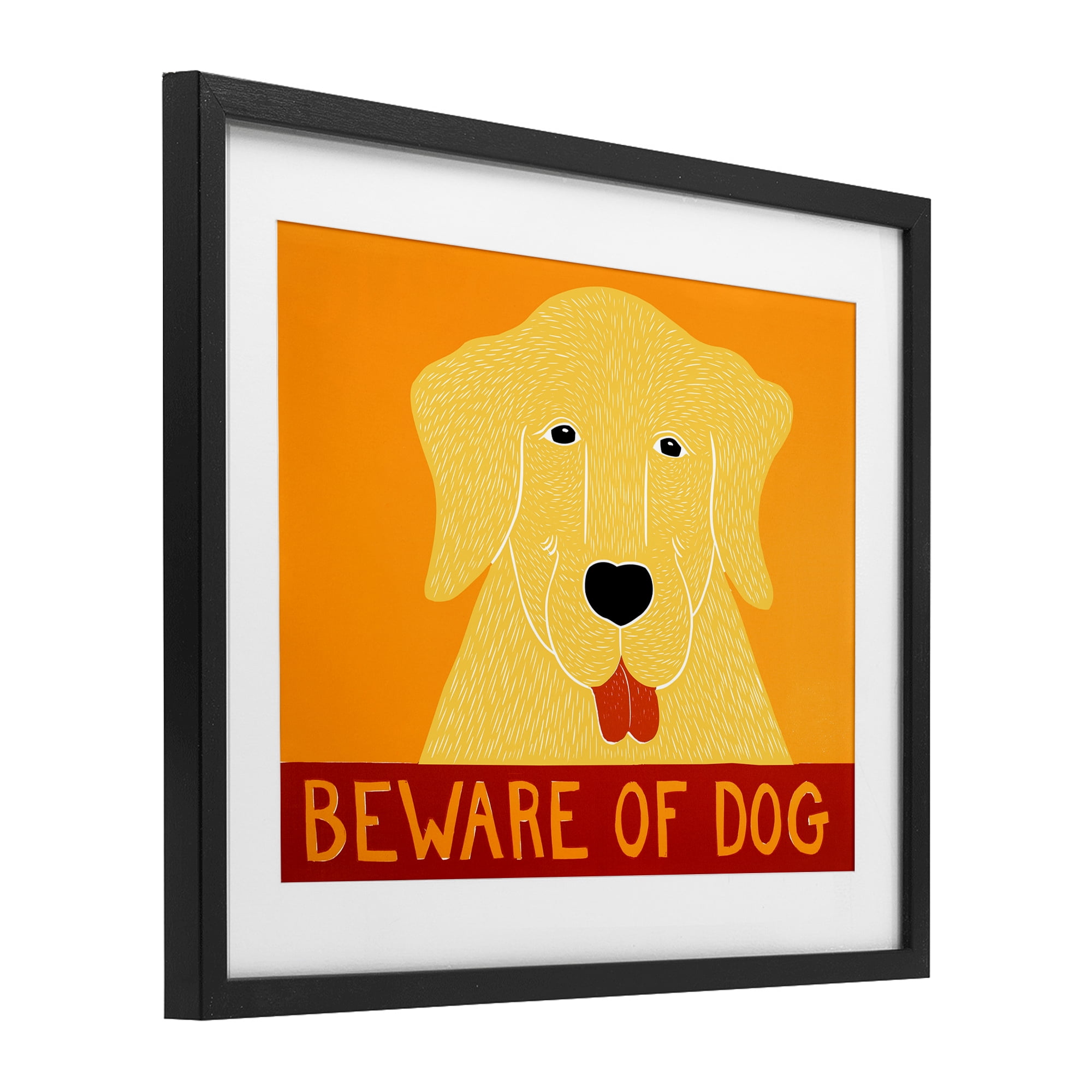 Beware Of Dog Yellow & Red Black Framed Print Under Glass, design by Stephen Huneck