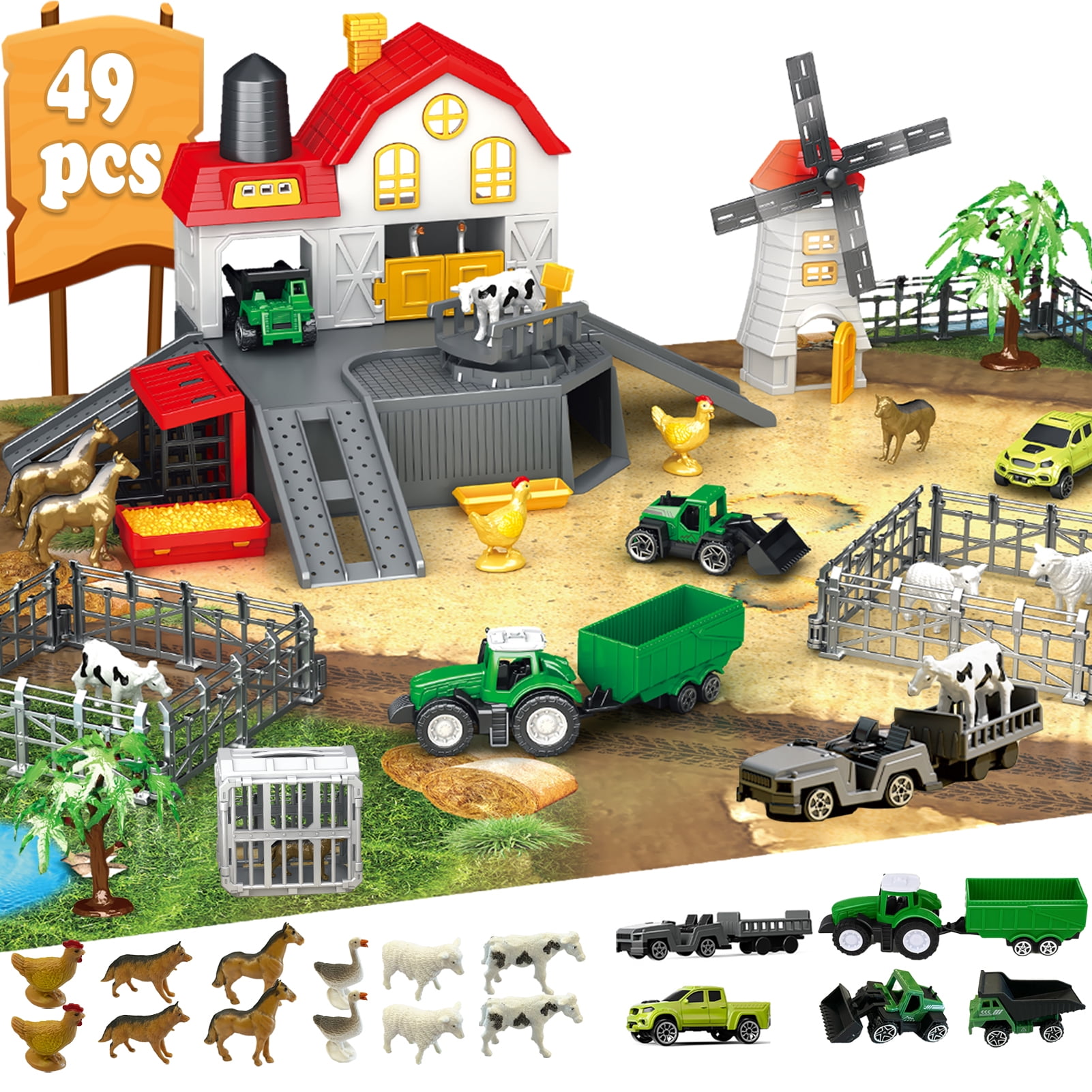 Farm Toy Playset with 49 Pieces - Barn House, 12 Animal Figurines, Tractor Truck, Fences & Play Mat | Educational Learning Toys for Kids Ages 3-12 (ASTM Certified)