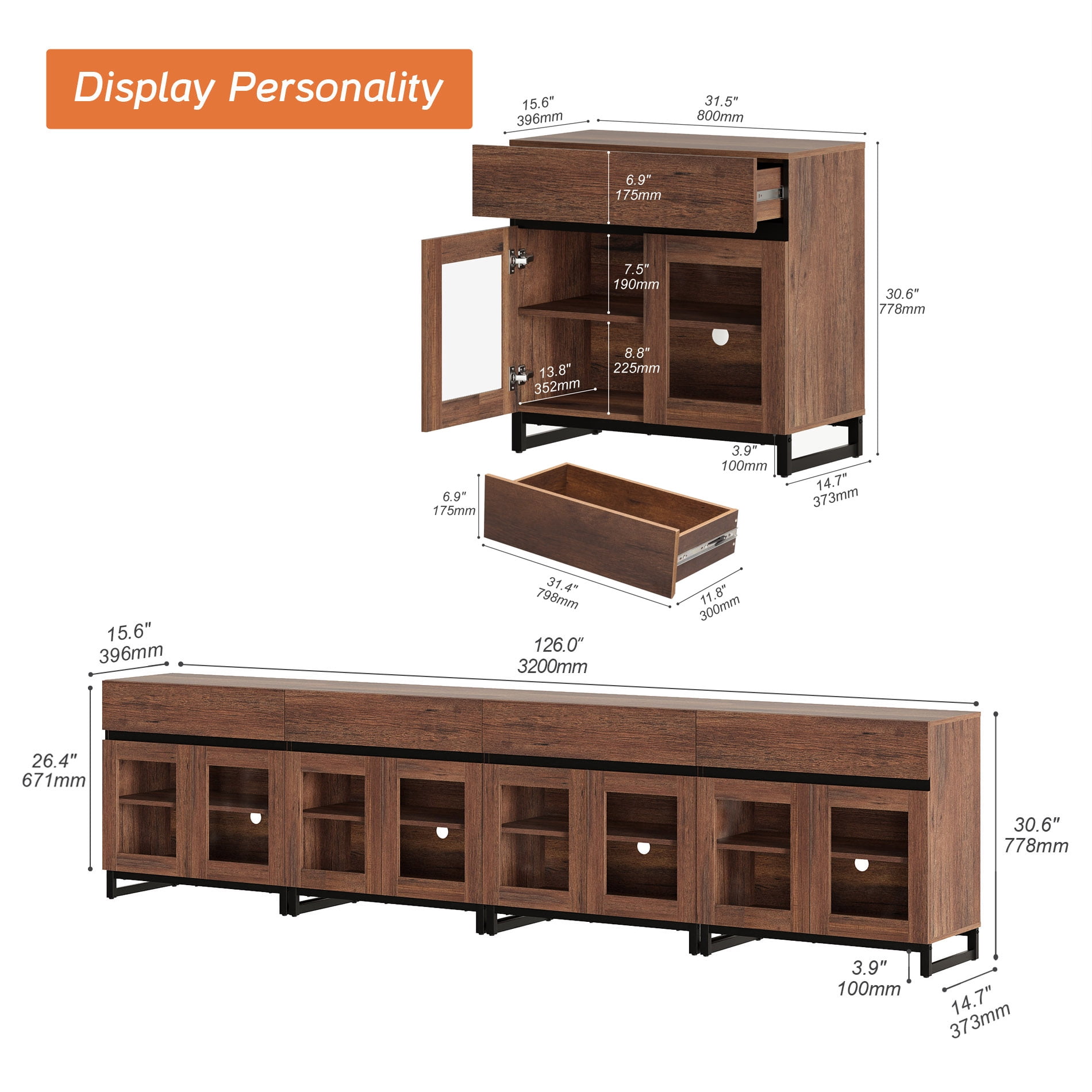 Modern Sideboard Buffet Cabinet with Glass Doors and Adjustable Shelf Coffee Bar Storage Cabinet for Living Room Kitchen,Brown