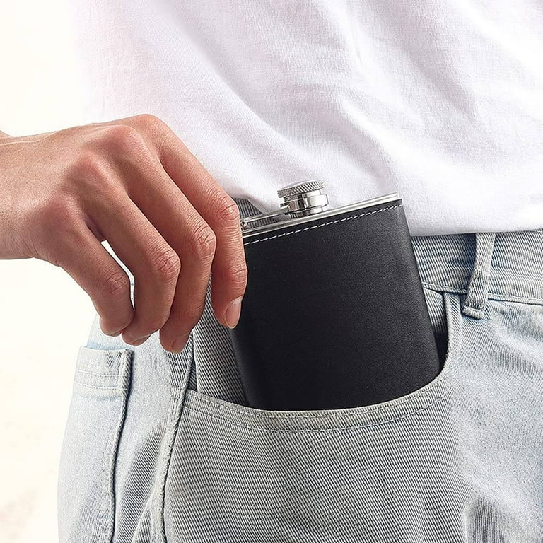 WSBArt 8 Oz Hip Flask for Liquor Black Leather Flask and Funnel, Leak Proof 18/8 Stainless Steel Pocket Flask for Men Gift