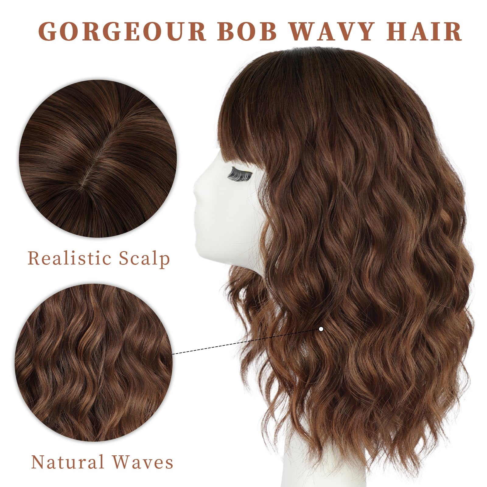 Wig with Bangs Short Bob Wigs for Women Shoulder Length Wavy Curly Wigs Synthetic Fiber Wigs 14 Inches for Daily Party Use
