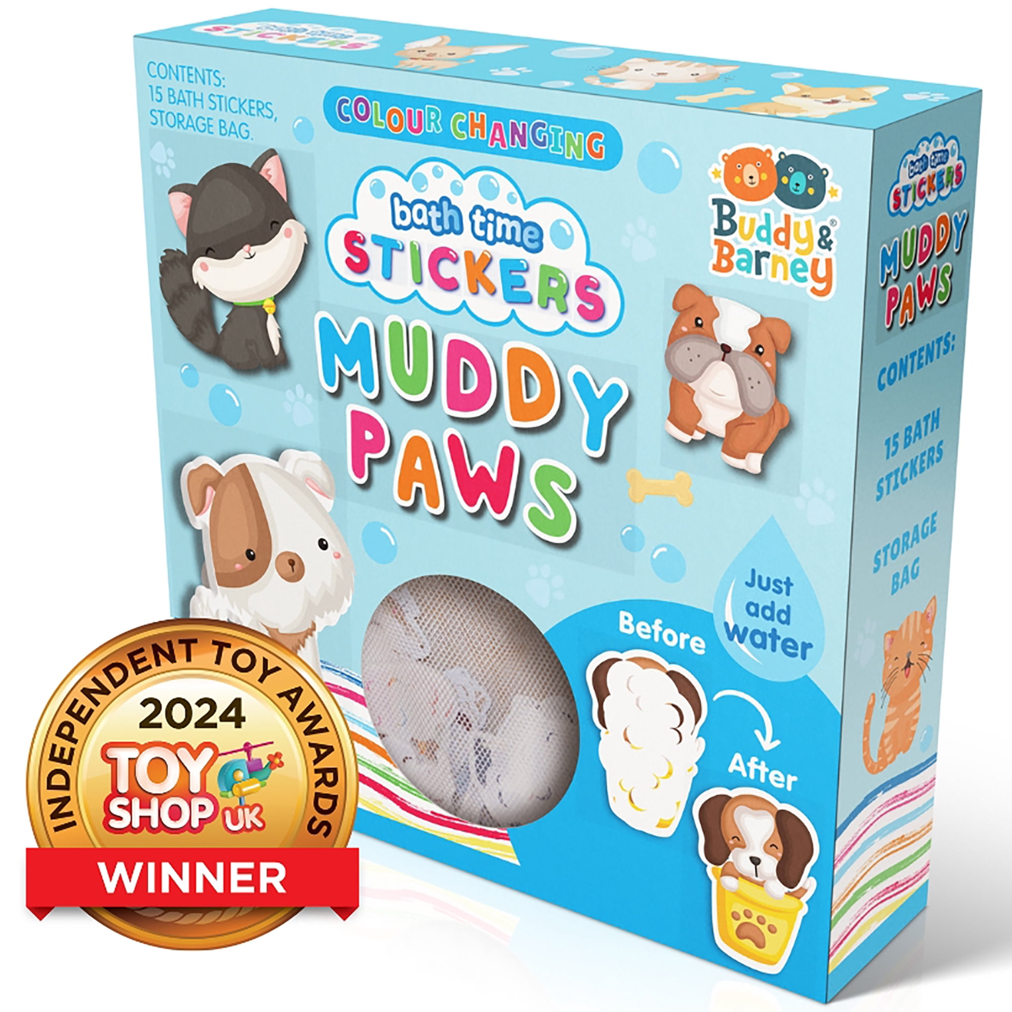 Buddy & Barney: Bath Time Stickers - Muddy Paws - 15 Color-Changing Foam Pieces, Dog & Cat Characters, Suction Cup Mesh Bag, Water Play Toy, Kids 3+