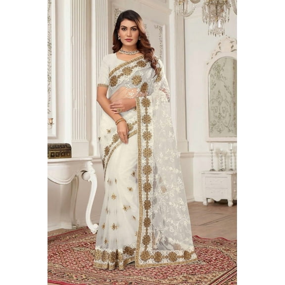 Designer White Resham Zari Embroidery Net Saree