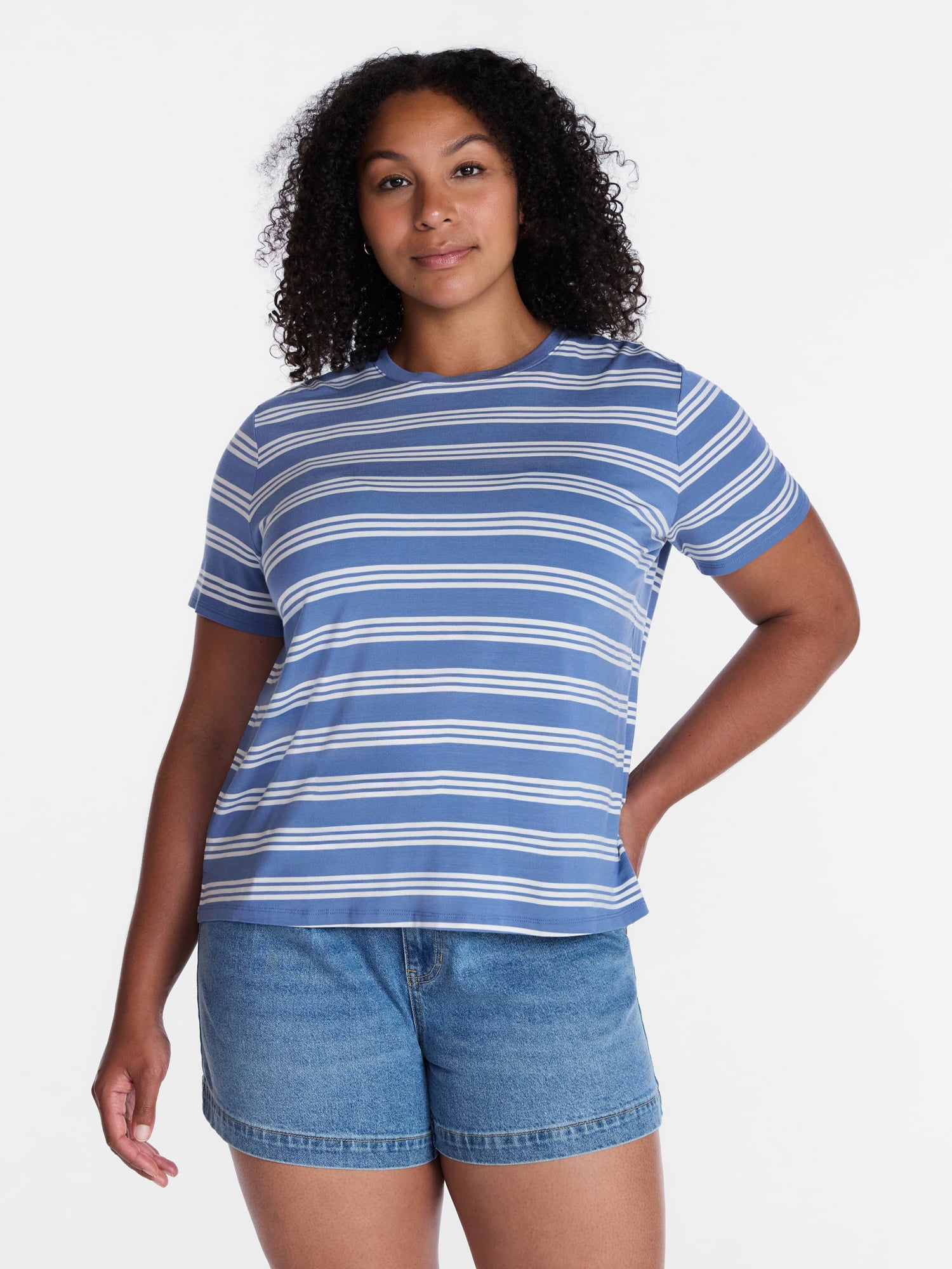 Time and Tru Women's Draped Boxy Tee with Short Sleeves, Sizes XS-XXXL