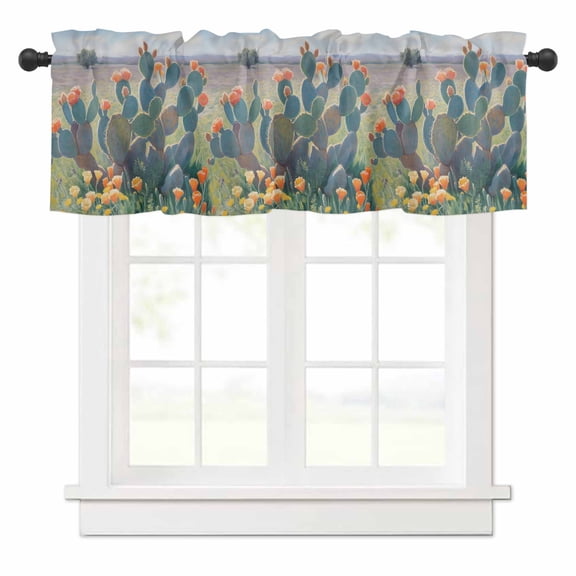 Watercolor Cactus Valances for Windows Tropical Plants Orange Flowers Retro Rod Pocket Curtain Valance Window Treatment Short Curtains for Kitchen Living Room, 60"x18"