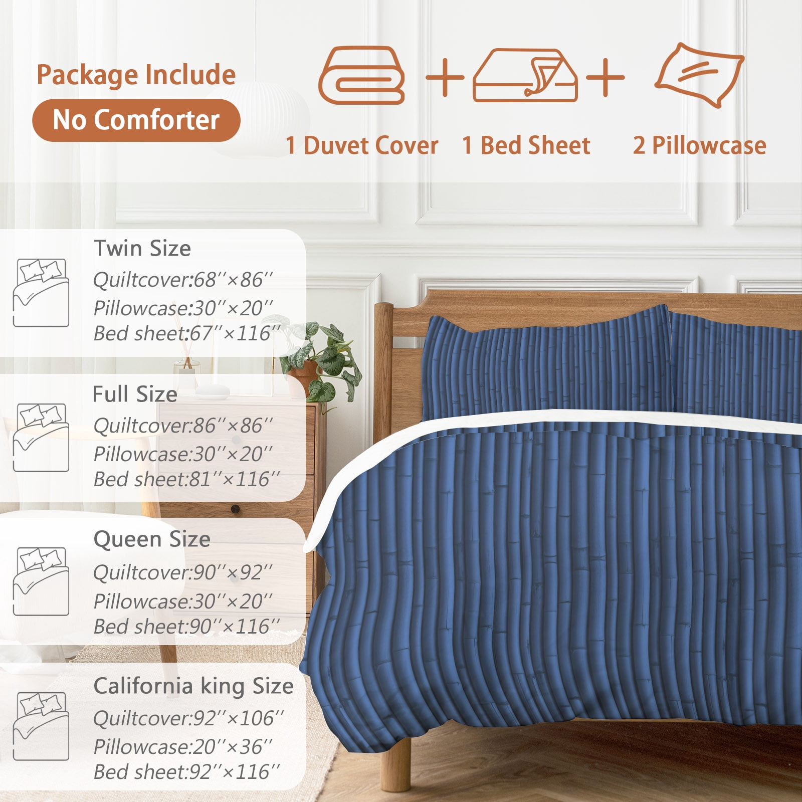 Blue Bamboos Duvet Cover Set Queen Size, Natural Vintage Bamboos Tree Plant Image 4 Piece Soft Microfiber Bedding Set with Zipper Closure, 1 Comforter Cover, 1 Flat Sheet, 2 Pillowcases
