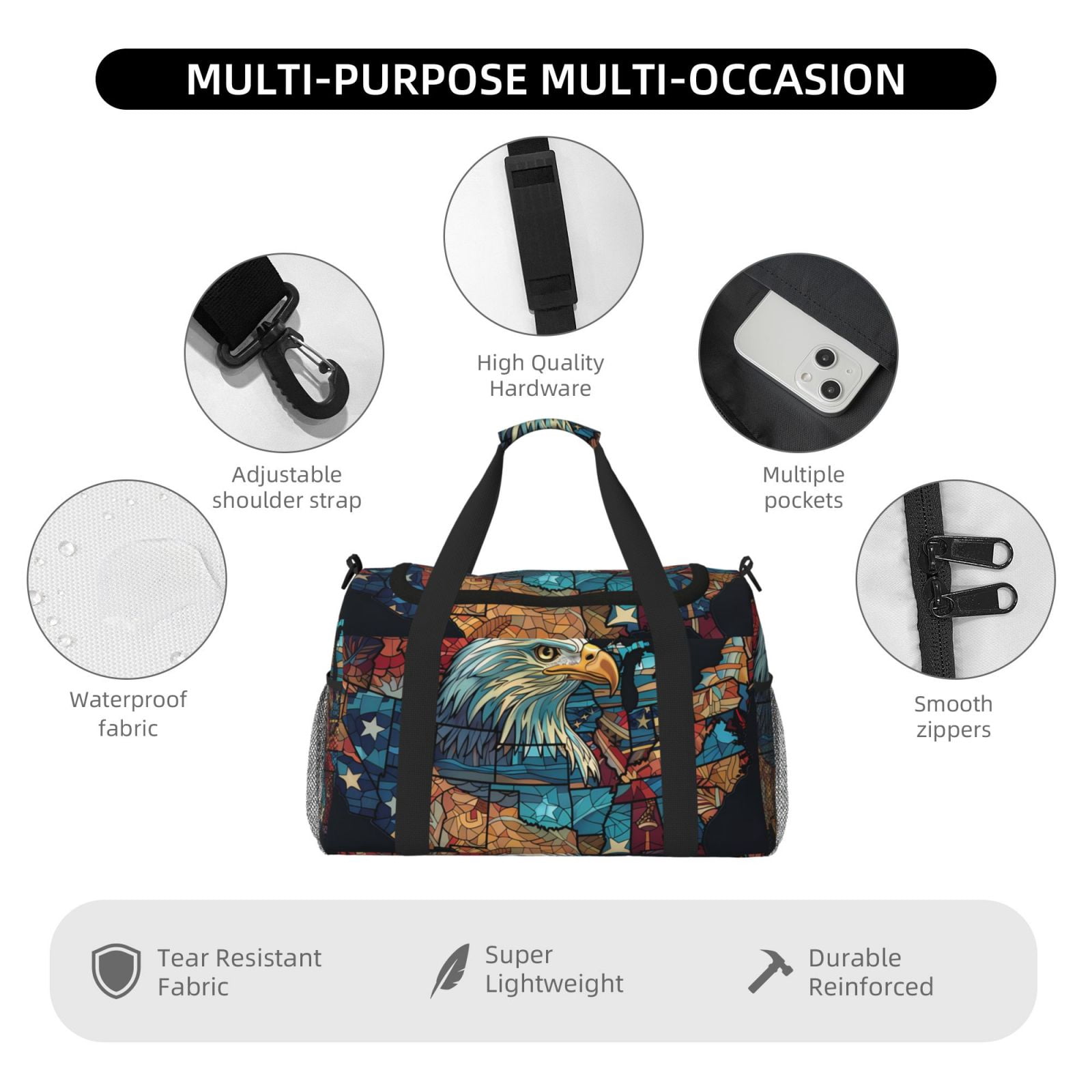 Fuzoiu Stained Glass Eagle USA Print Travel Duffle Bag,Carry On Tote Bags,Duffel Bag,Sport Gym Bag, Hospital Bag for Labor and Delivery, Overnight Bag,Luggage Bag