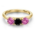 thumbnail image 3 of Gem Stone King 10K Yellow Gold Black Diamond and Pink Created Sapphire Engagement Ring for Women | 1.65 Cttw | Round 5MM | Gemstone April Birthstone | Size 9, 3 of 6