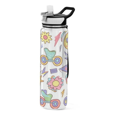 

32oz Transparent Sports Water Bottle with Straw BPA Free Tritan for Kids Adults Outdoor School Gym Fitness Roller Skates and Flowers