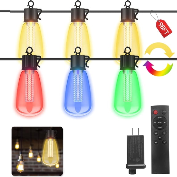 98FT Outdoor String Lights with Remote - Multicolor & Warm White, 8 Light Modes Timer Waterproof Patio Lights Plug In Dimmable String Lights Shatterproof for Outside Porch Backyard Party