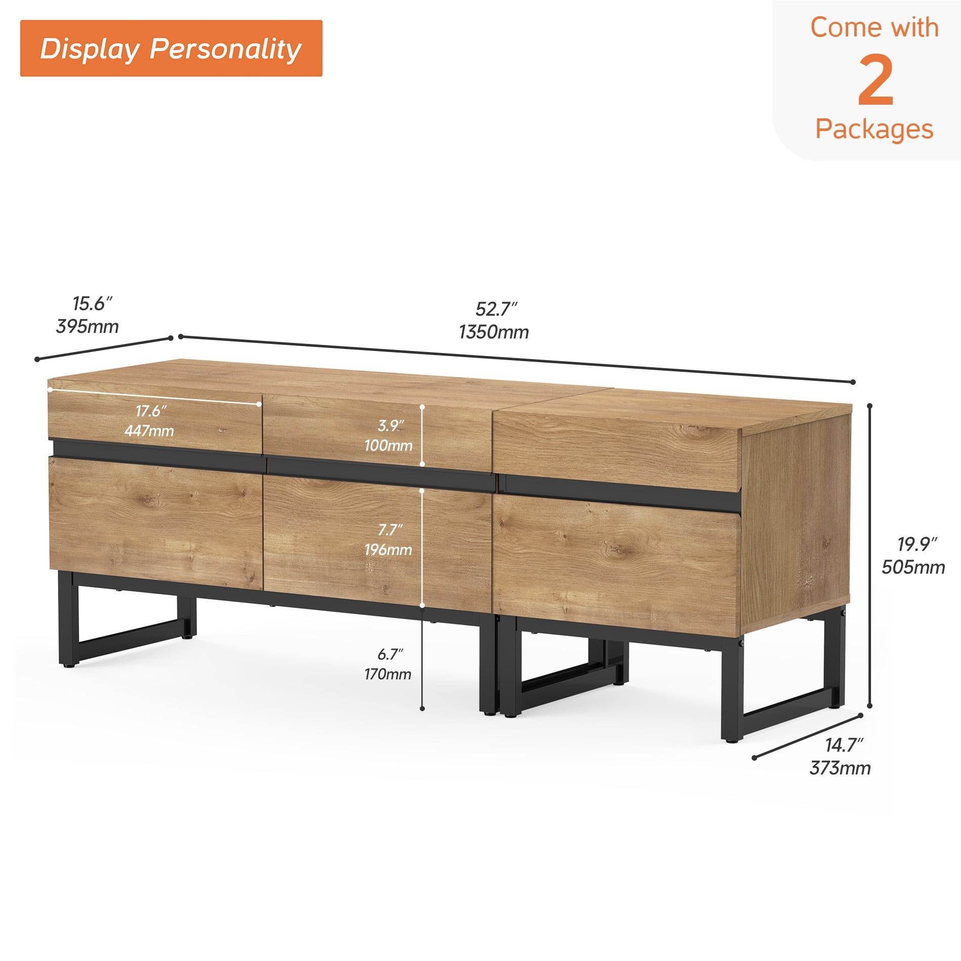 WAMPAT Modern TV Stand, 2-in-1 Entertainment Center with Storage Cabinets & Metal Base, 53" Oak, Fits TVs Up to 50"