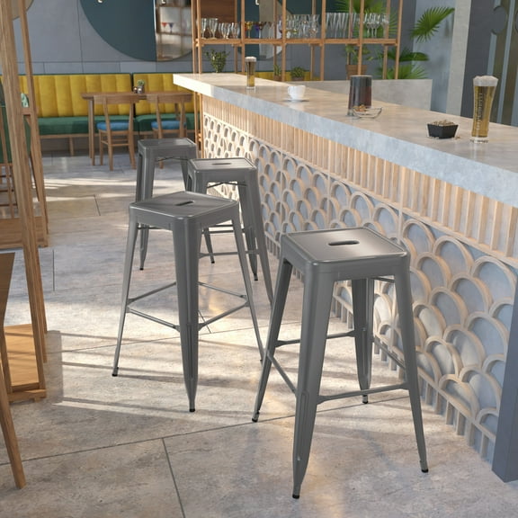 BizChair 4 Pack 30'' High Backless Silver Antique Finish with Clear Coat Metal Indoor Barstool with Square Seat