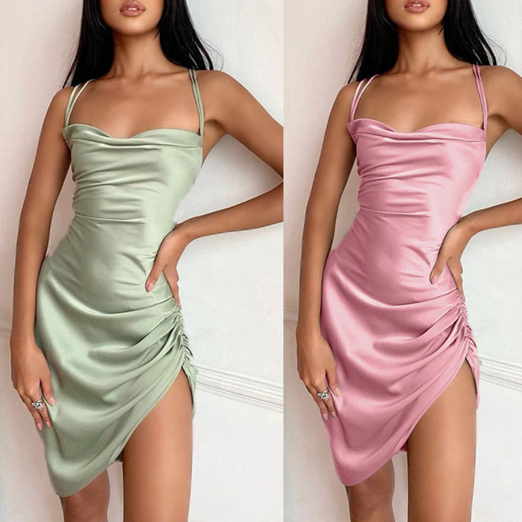 TINYSOME Womens Crisscross Tie Back Satin Sleeveless Mini Dress Cowl Neck  Backless Side Ruched Drawstring Bodycon Dresses