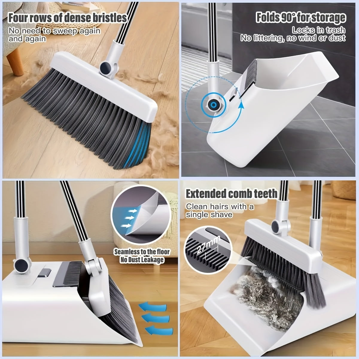 3-In-1 Foldable Broom & Dustpan Set + 4-In-1 Long Handle Floor Brush, Flexible 2-In-1 Cleaning Tools, Quick Dust Removal for Home, Office & Dorm Use