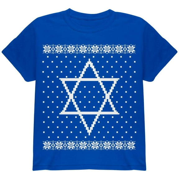 Big Star of David Ugly Hanukkah Sweater Youth T Shirt Royal YMD