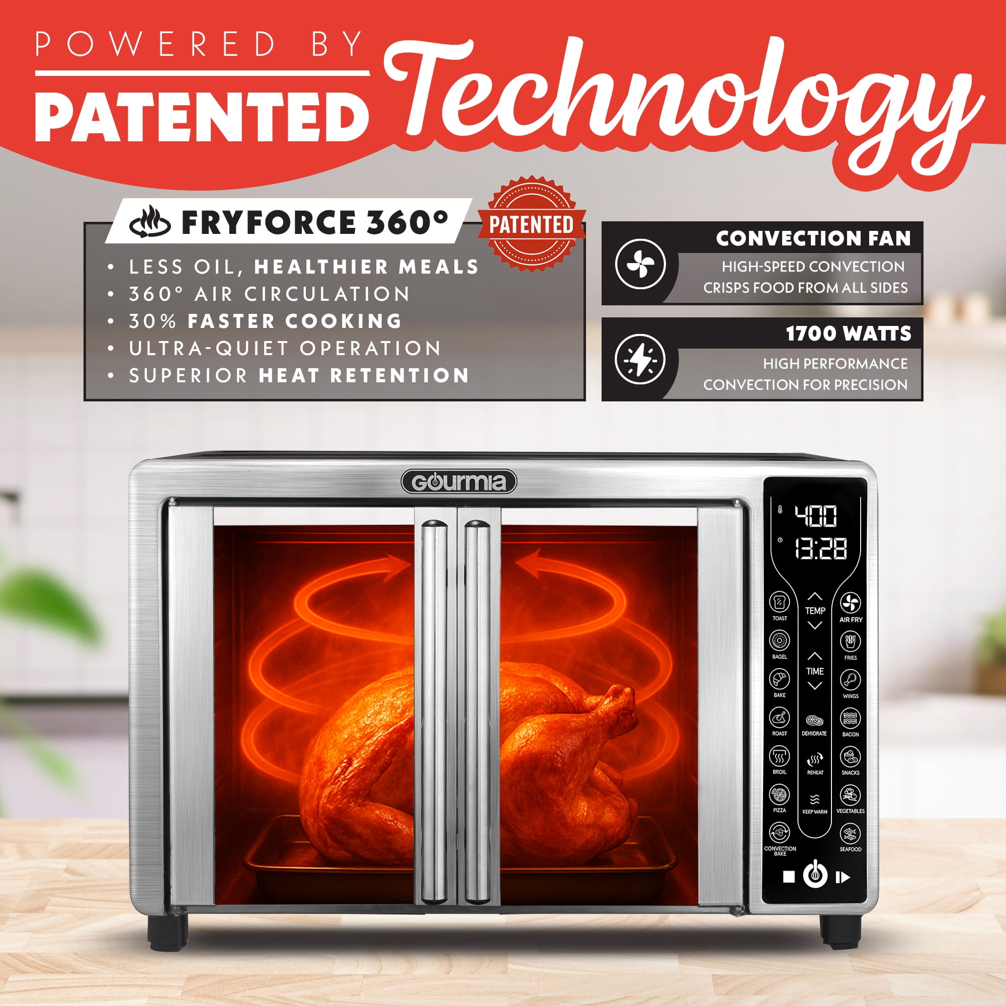 Gourmia 6-Slice French Door Air Fryer Toaster Oven — Digital Convection with 17 Presets
