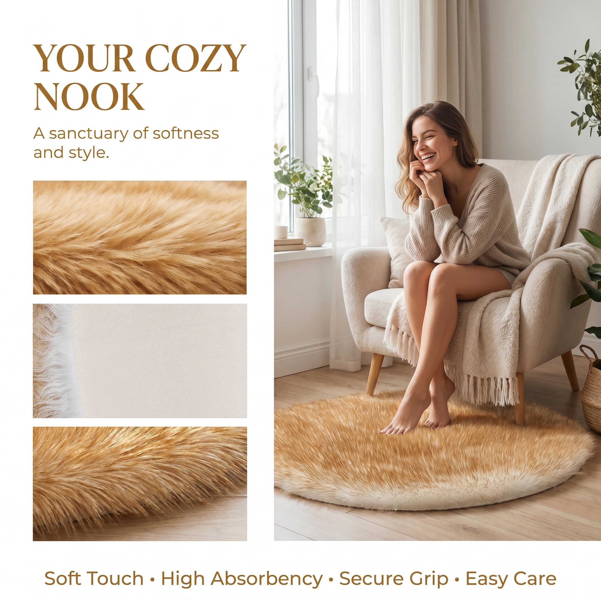 Unique Bargains Shaggy Round Area Rug Fluffy Non-Slip Fuzzy Carpet 20" x 20" White Yellow