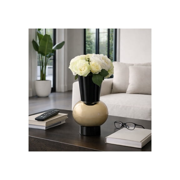 Sculptural Glass Vase for Living Room Decor - Modern Home Accents with Stacked Silhouette for Room Styling - Decorative Flower Vase for , Bedroom, House, Office, and Table Design - 12", Black & Gold