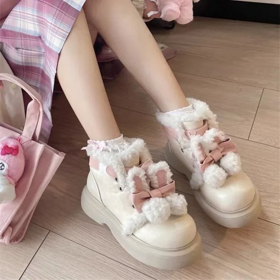 Furry Women's Boots 2024 New Winter Plush Warm Lolita Women Shoes Sweet Cute Girl Platform Shoes Waterproof Non-slip Snow Boots (Beige,40)