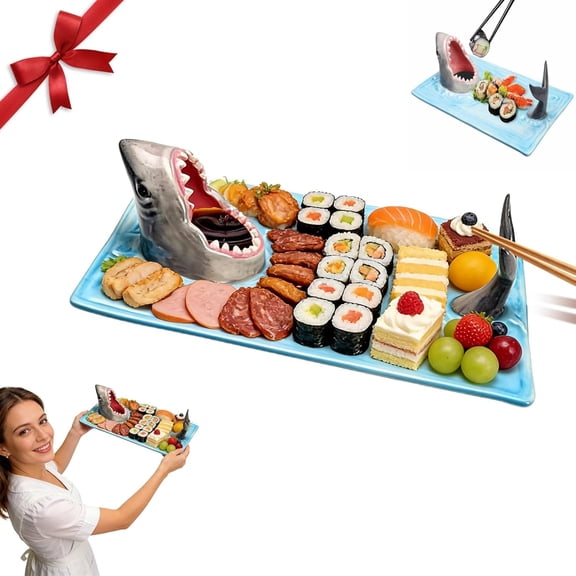Shark Sushi Board Set, 3-in-1 Ceramic Charcuterie Plate with Sauce Bowl & Chopstick Rest | Microwave, Oven & Dishwasher Safe Fun Serving Platter(DSF)