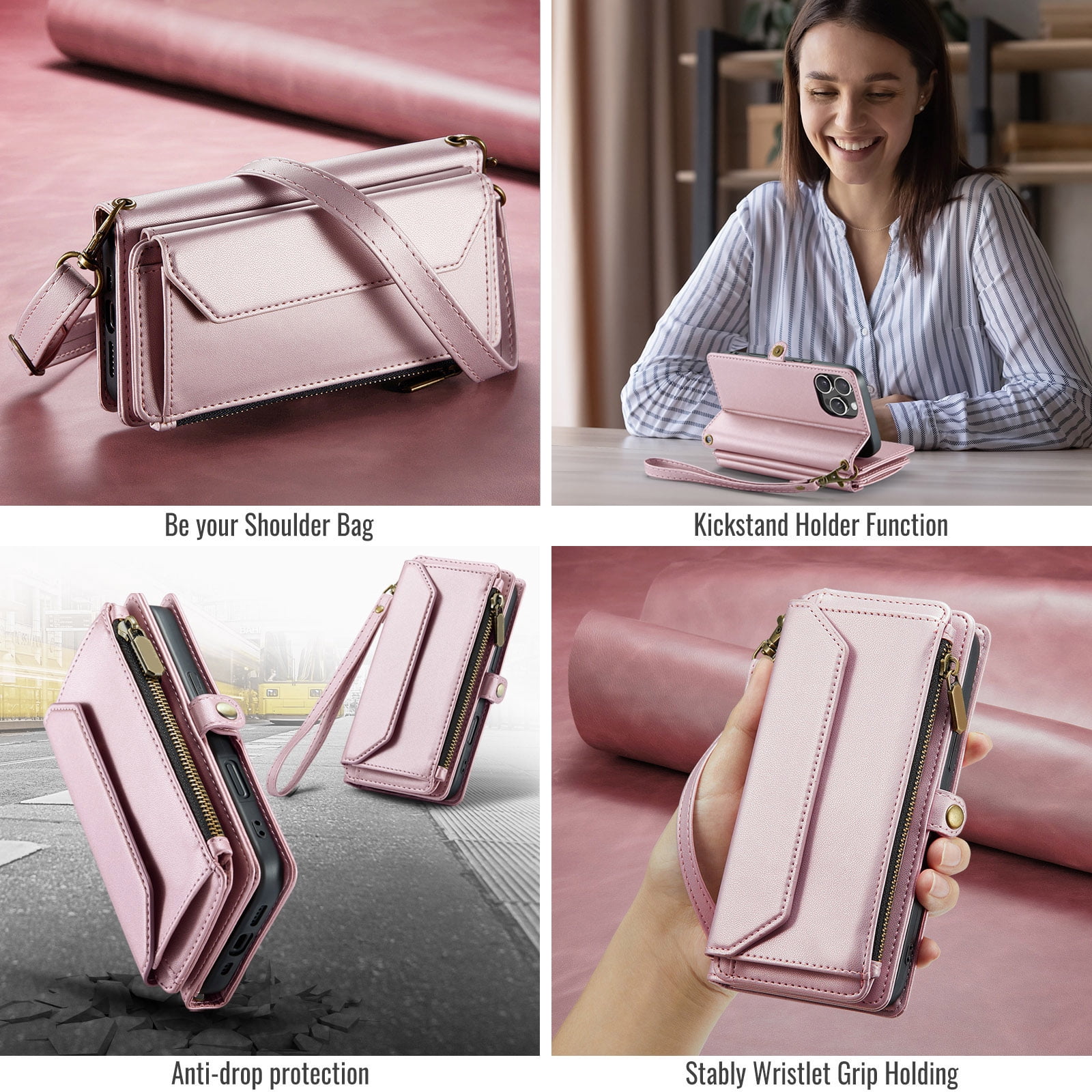 Asuwish Compatible with iPhone 16 Pro 6.3 inch Zipper Wallet Phone Case Tempered Glass Screen Protector Crossbody Lanyard Strap Flip Card Holder Slot Cell Cover for i Phone16 16 16Pro Women Rose Gold