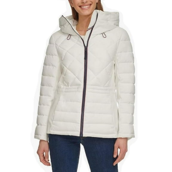 Tommy Hilfiger Women's Hooded Stretch Shell Quilted Jacket - Winter Coat for Women - Outwear with Pockets (White,Large)
