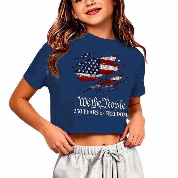 Y-Sunset Girls' 250 Years of Freedom Patriotic Crop Top, Kids "We The People" 4th of July Short Sleeve Tee, Casual Independence Day T-Shirt for Ages 5-14(Navy/13-14 Years)