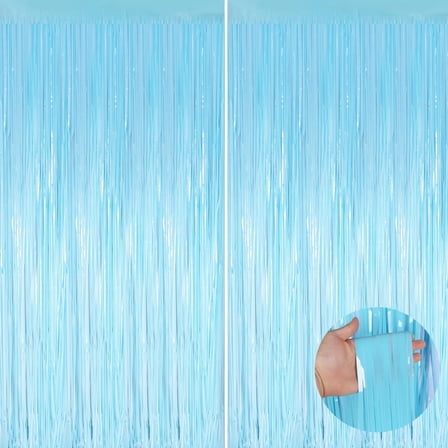 Macaron Light Blue Metallic Tinsel Foil Fringe Curtains, 2 Pack 3.3x6.6 Feet Party Streamer for Birthday, Halloween Decor, Foil Curtain for Bachelorette Party Decorations