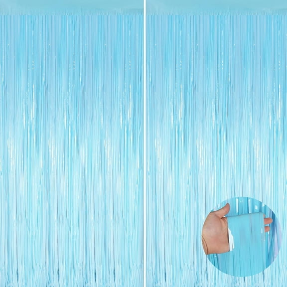 Macaron Light Blue Metallic Tinsel Foil Fringe Curtains, 2 Pack 3.3x6.6 Feet Party Streamer for Birthday, Halloween Decor, Foil Curtain for Bachelorette Party Decorations
