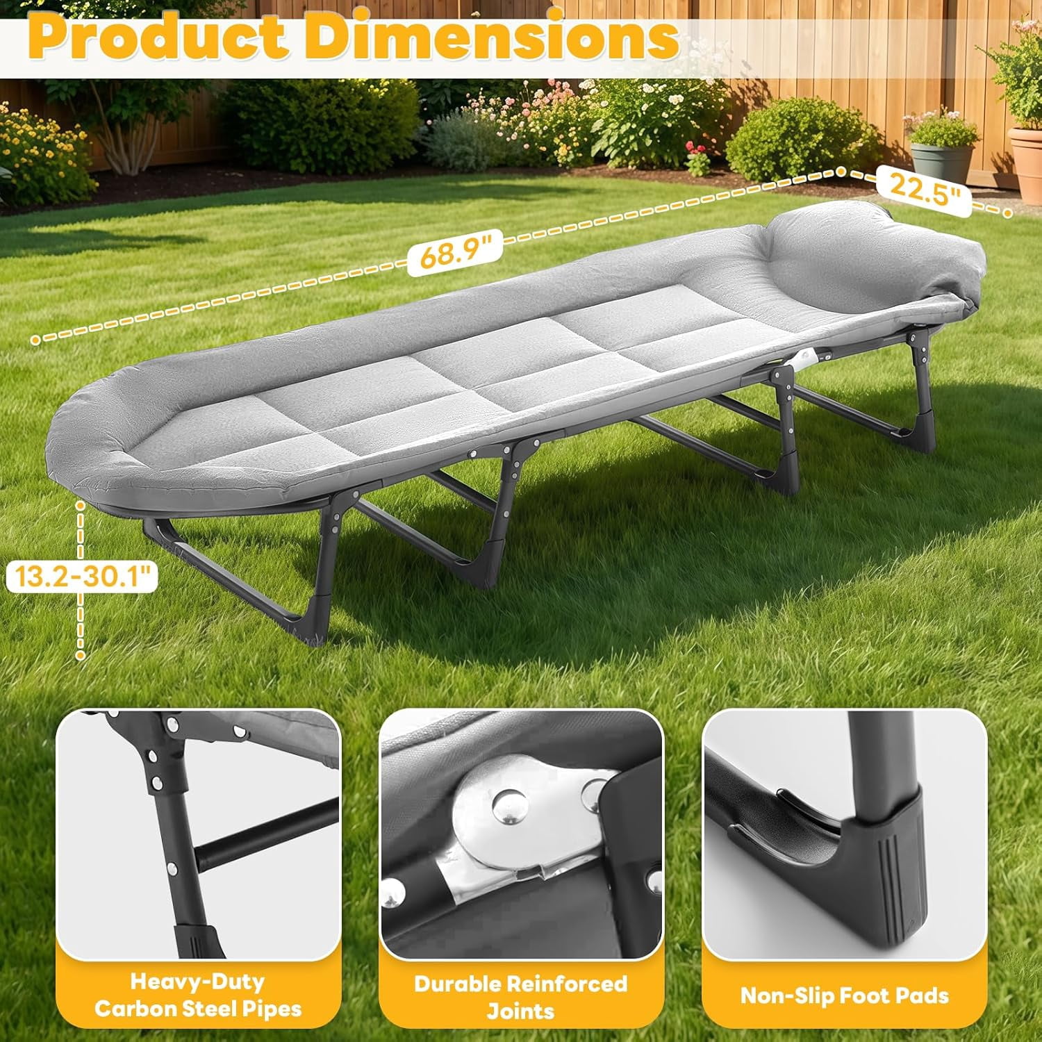 Simenmax Folding Camping Cot with Headrest and Mattress, Portable Sleeping Bed Cot, Heavy Duty Cot Bed for Camping, Office, Travel,Gray