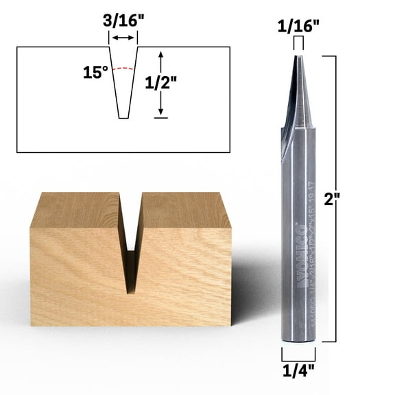 15Â° 1/16" Flat Point V Groove Engraving Solid Carbide Router Bit - 1/4" Shank - Yonico 14105q