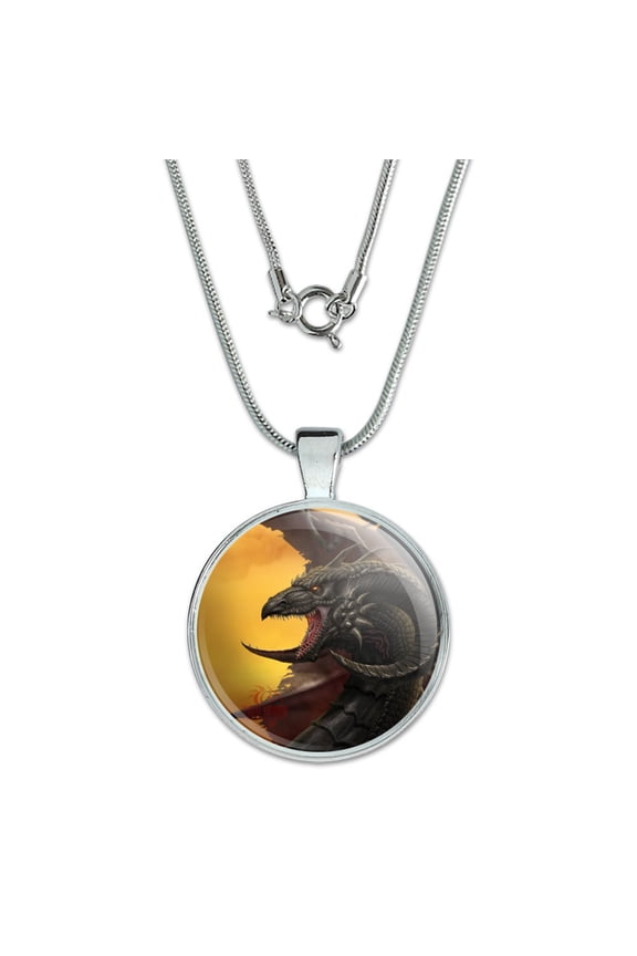 Black Winged Dragon Fantasy 1" Pendant with Sterling Silver Plated Chain