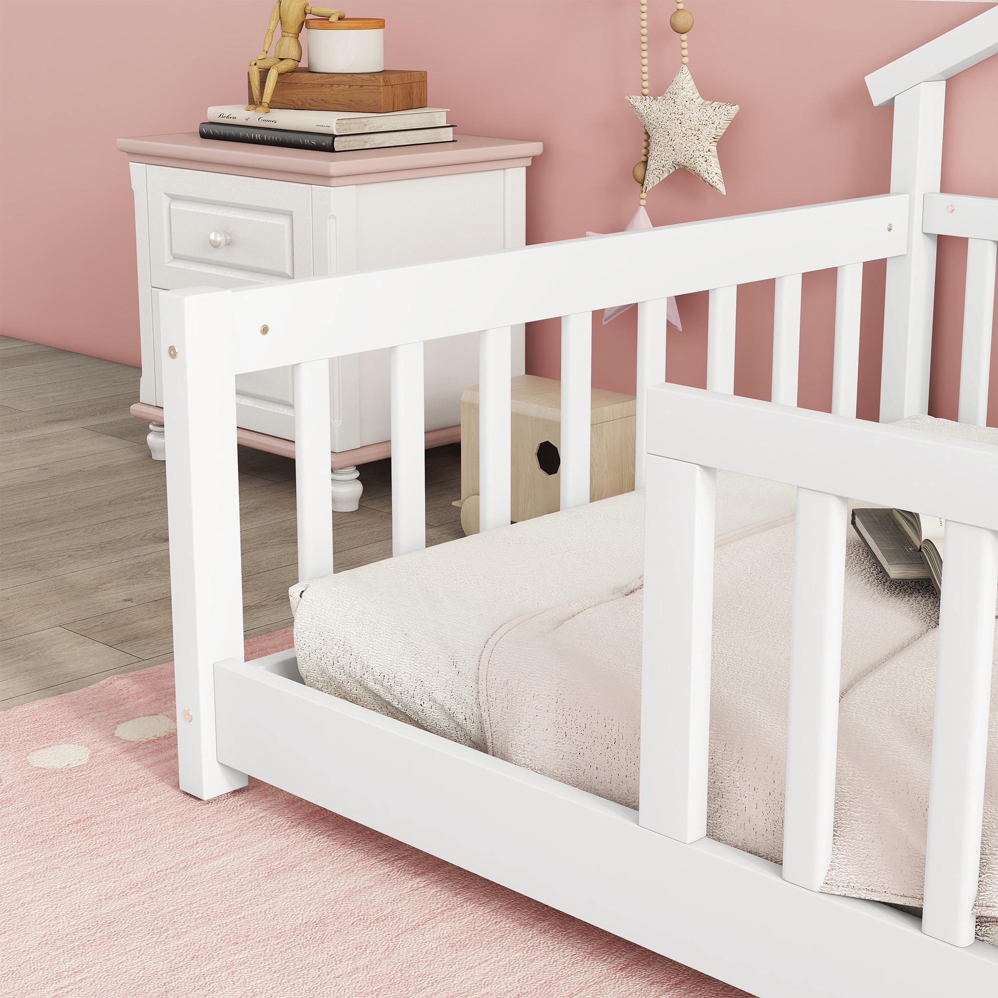 PORKISS Kids Montessori Floor Bed, Twin Floor Bed with Fence for Girls and Boys, without Door, White