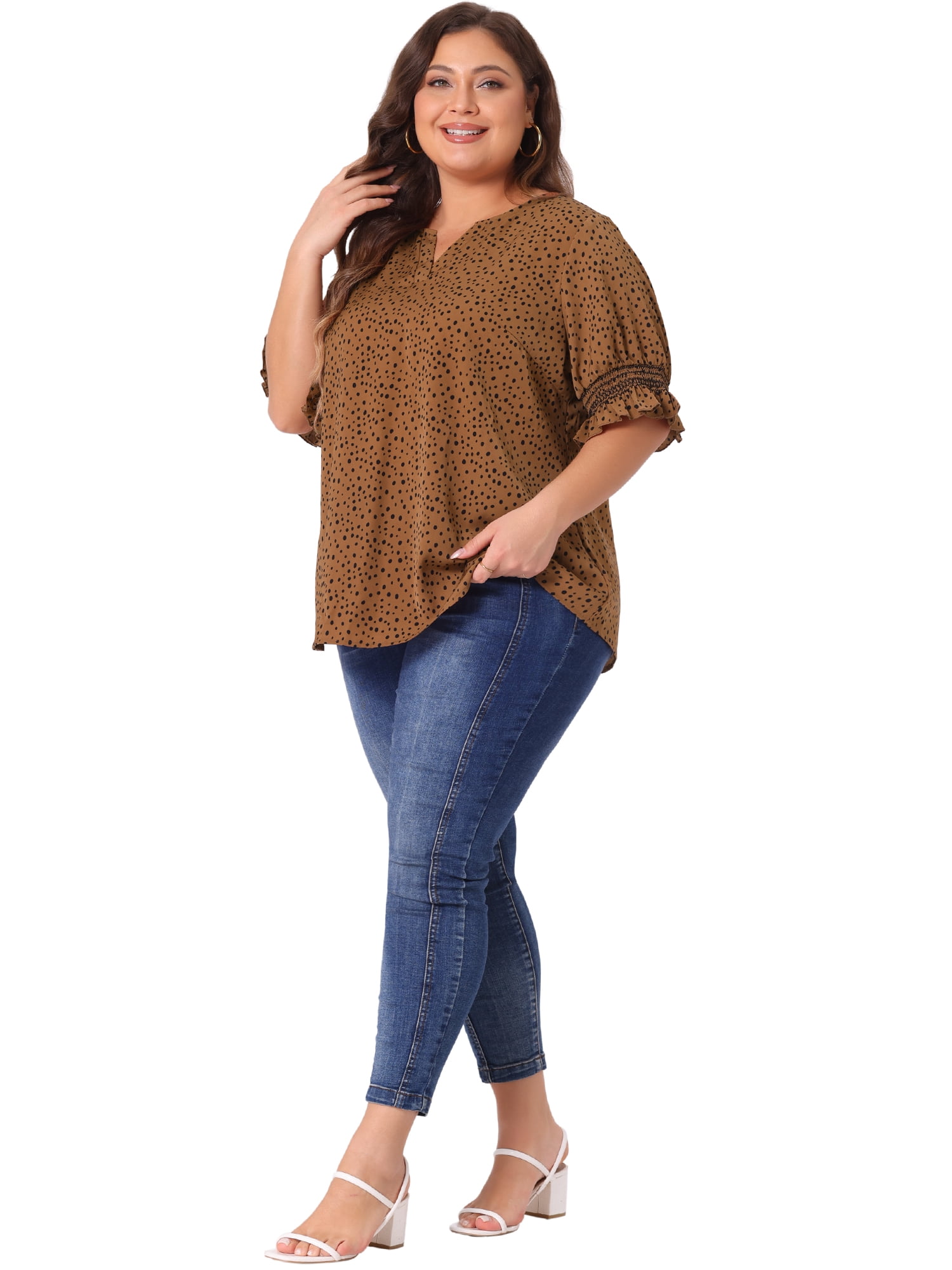 Unique Bargains Women's Plus Size Dots Heart Smocked Short Sleeve Blouse 4X Brown