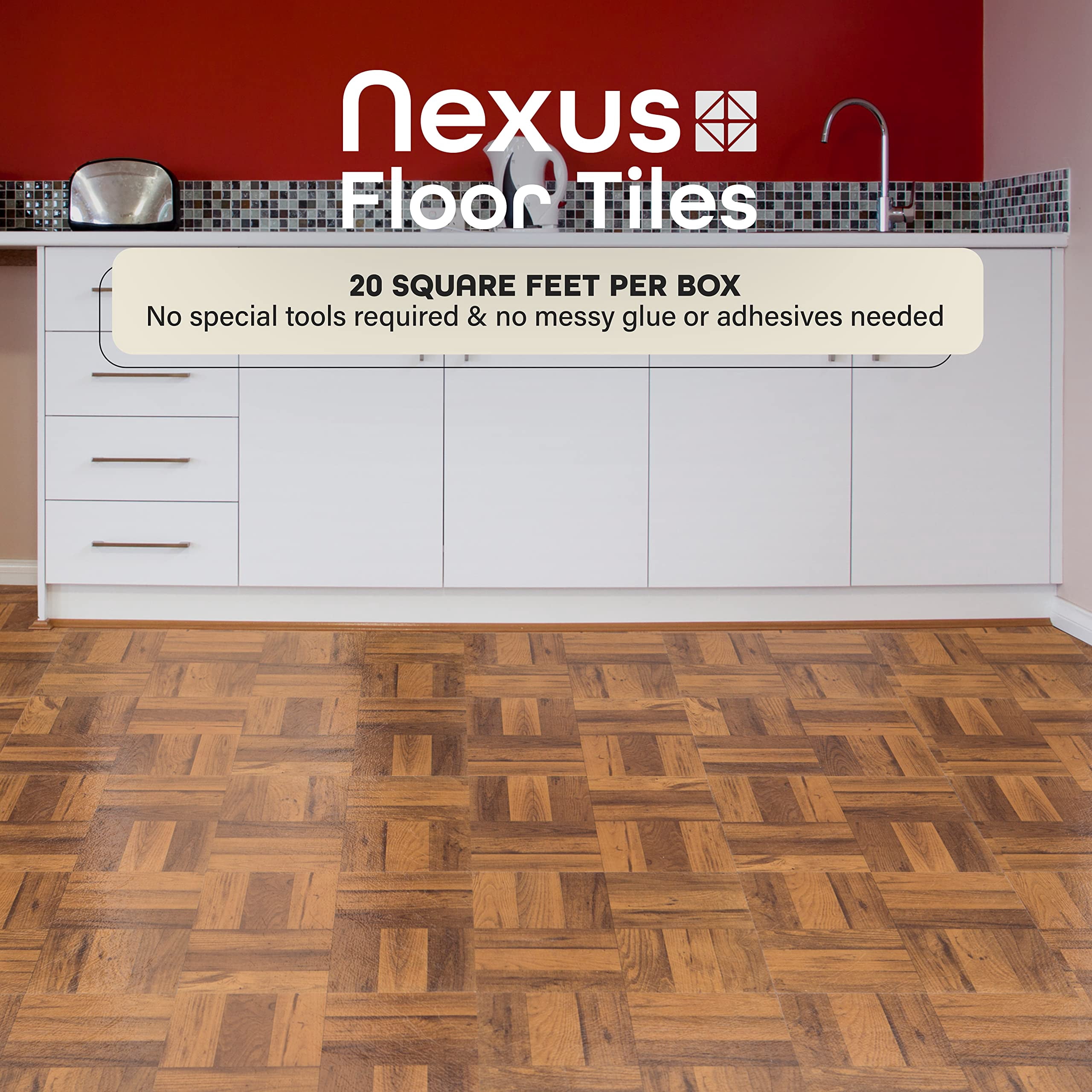 Nexus Self Adhesive 12-inch Vinyl Floor Tiles  20 - 12" X 3 Finger Medium Oak Parquet Pattern Peel & Stick Diy Flooring For Kitchen Dining Room Bedrooms Bathrooms By Home Decor