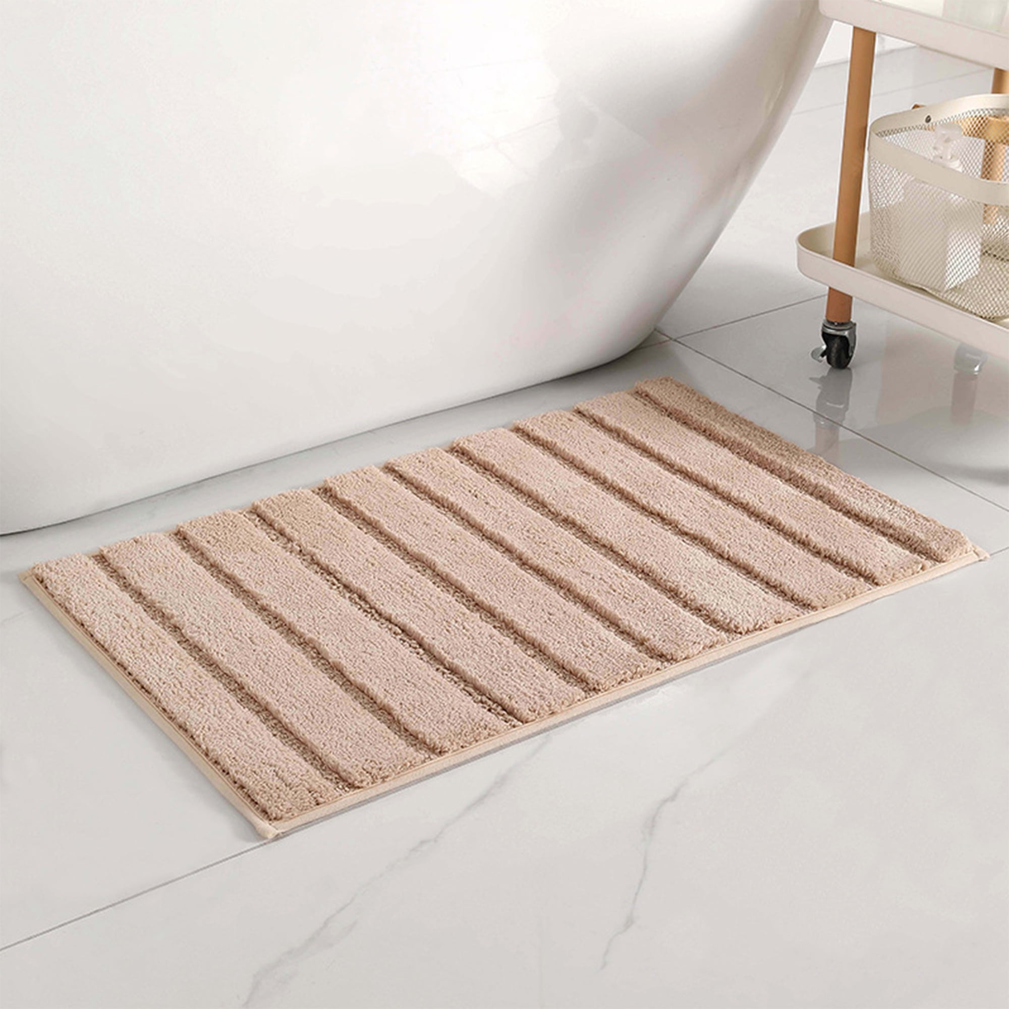 Unique Bargains Soft Stripe Bathroom Rug Rubber Backing Quick Dry Bath Rug Khaki 20" x 32"
