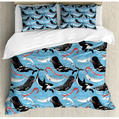 Narwhal Queen Size Duvet Cover Set Arctic Giant Sea Mammals Orca