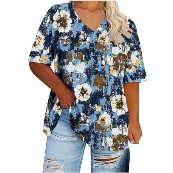 Aqestyerly Women's Plus Size V-Neck Short Sleeve Printed Shirt,Casual V-Neck Printed Loose Base Top for Summer Comfortable Wear HWRETIE