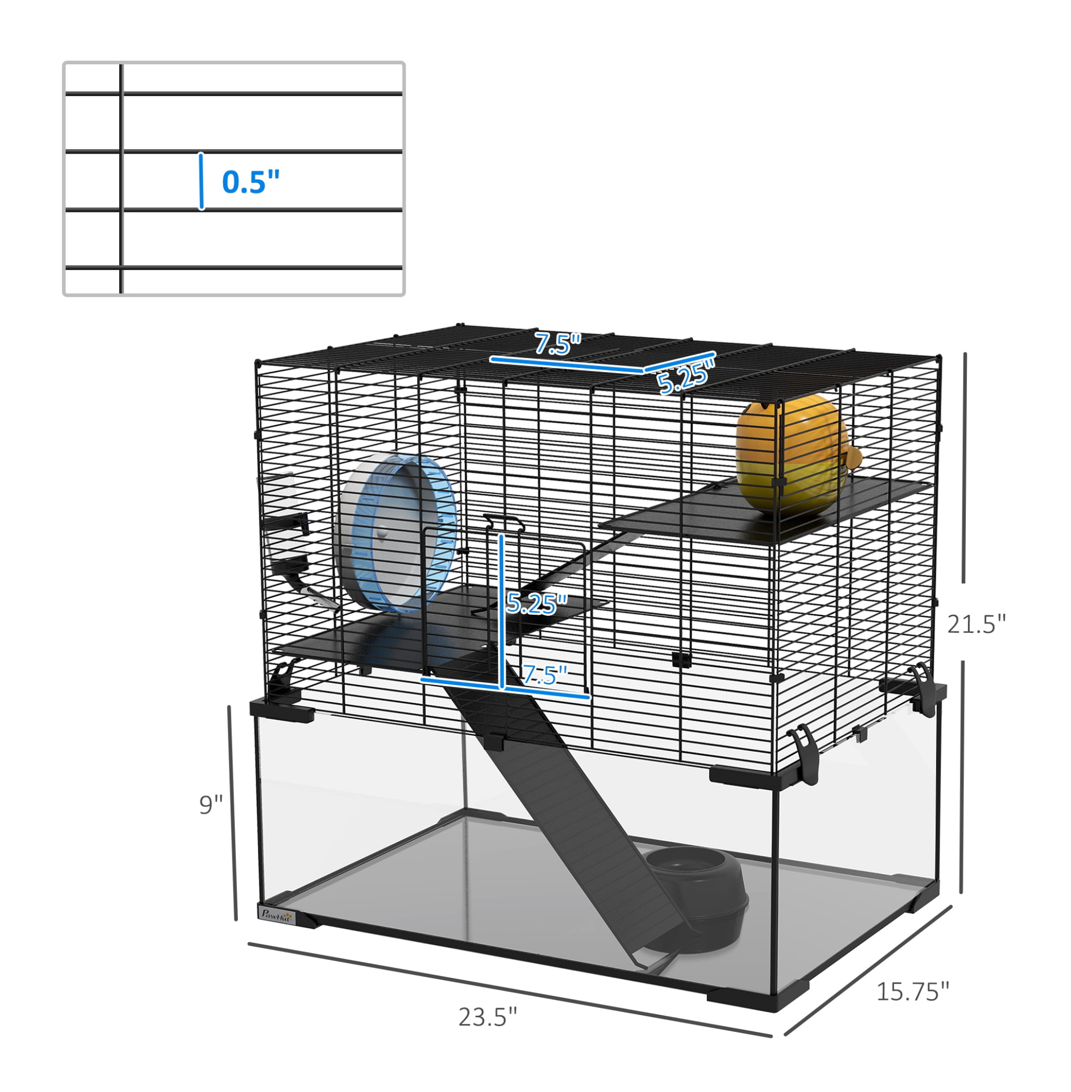 23.5" Hamster Cage, Gerbil Cage with Glass Basin, Multi-Level Small Animal Habitat for Syrian Hamsters, Rats & Gerbils - Black